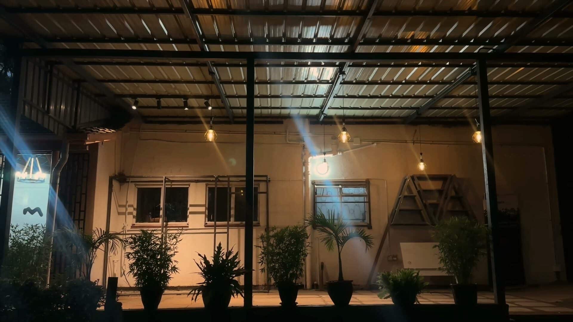 The courtyard at The Yard after dark